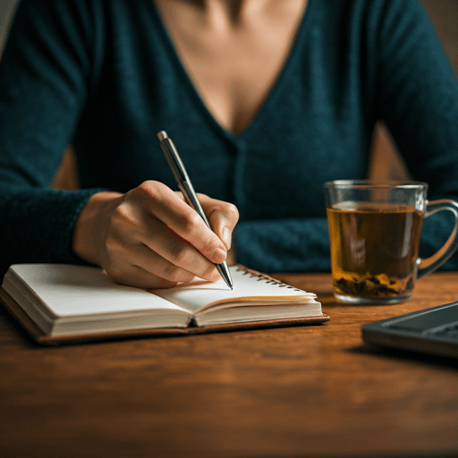 Person writing thoughtfully in a leather-bound journal with a warm cup of herbal tea and soft natural lighting