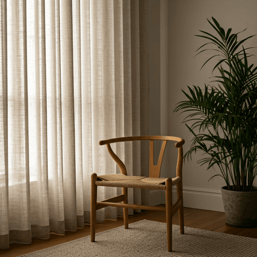 Soft morning light filtering through linen curtains onto a minimalist wooden chair in a serene, plant-filled therapy room